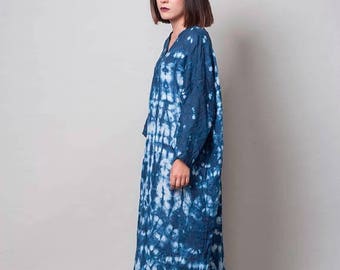 ON SALE 30% Blue Linen Dress, Shibori indigo dress, one size loose dress, hand dyed dress, shibori clothing, summer dress
