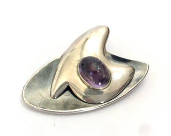 Sigi Pineda Modernist Brooch, Sterling Silver & Amethyst, Abstract, Neillo Enamel, Taxco Master Silversmith, Signed, Vintage Jewelry, 1960s