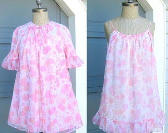 Vintage Pink Flower Babydoll Short Nightie Nightgown Robe Peignoir Set St Michael 34 36 Small Medium 1960 1970 Summer Maternity Lingerie