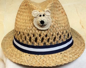 Boys Infant Toddler Tan Straw Fedora Hat Cap - Handmade Teddybear Face - Blue White Ribbon - Sizes 6-12, 12-24 months, 2T-3T, and 4T-5T