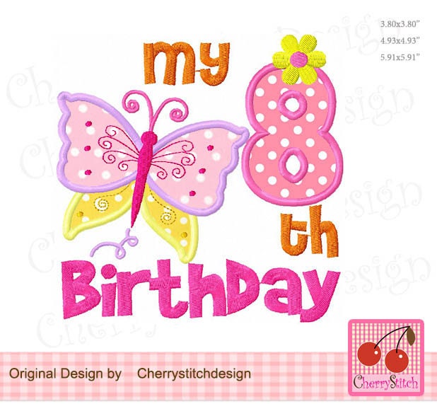 My 8th Birthday Butterfly Number 8 Embroidery Applique Design