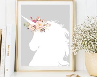 Unicorn Print, Watercolor Flowers Nursery Unicorn Silhouette Printable Art, Children’s Decor, Kid’s Room Poster Nursery Decor, DIGITAL FILES