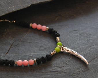 Beaded gemstone necklace for men, Elephant tusk necklace, Rustic boho necklace, Engraved silver necklace, Primitive tribal necklace, 1165-5