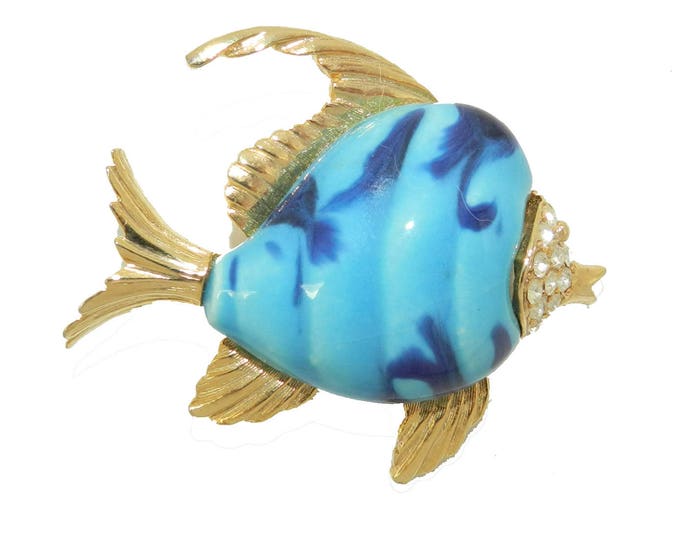 Vintage Fish Figural Brooch, Enamel Fish Pin, Blue golden fish pin, collectible fashion jewelry jewellery, Fish rhinestone broche, gift