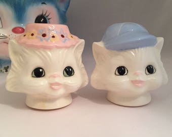 Miss Priss style Anthropomorphic Salt and Pepper Shakers Cat Kitten Kitty Pussycat Ceramics Class Hand Painted