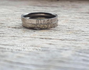 Hand Stamped Ring Name Ring Stacking Ring Mothers Ring Personalized Name Ring 3mm Shiny Stainless Steel comfort fit Mother's Day