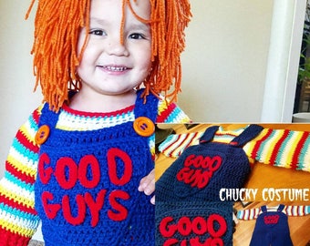 Crochet Chucky Inspired Costume Includes Sweater, Overalls and Wig