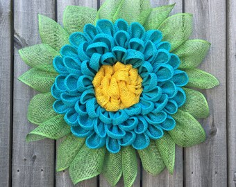 Burlap Wreath, Dahlia Wreath, Front Door Wreath, Coastal Wreath, Burlap Decor, Summer Wreath, Handmade Wreath, Wreath For Front Door