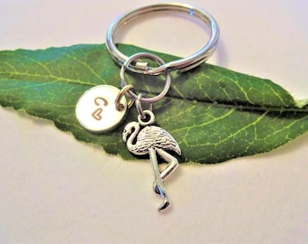 FLAMINGO KEYCHAIN with initial charm - Please see all photos to order - One flat rate shipping in my shop :)