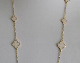 Gold Clover Long Necklaces,36" Long, White clover, gift for her,Valentine's/Mother's day gift,four leaf clover