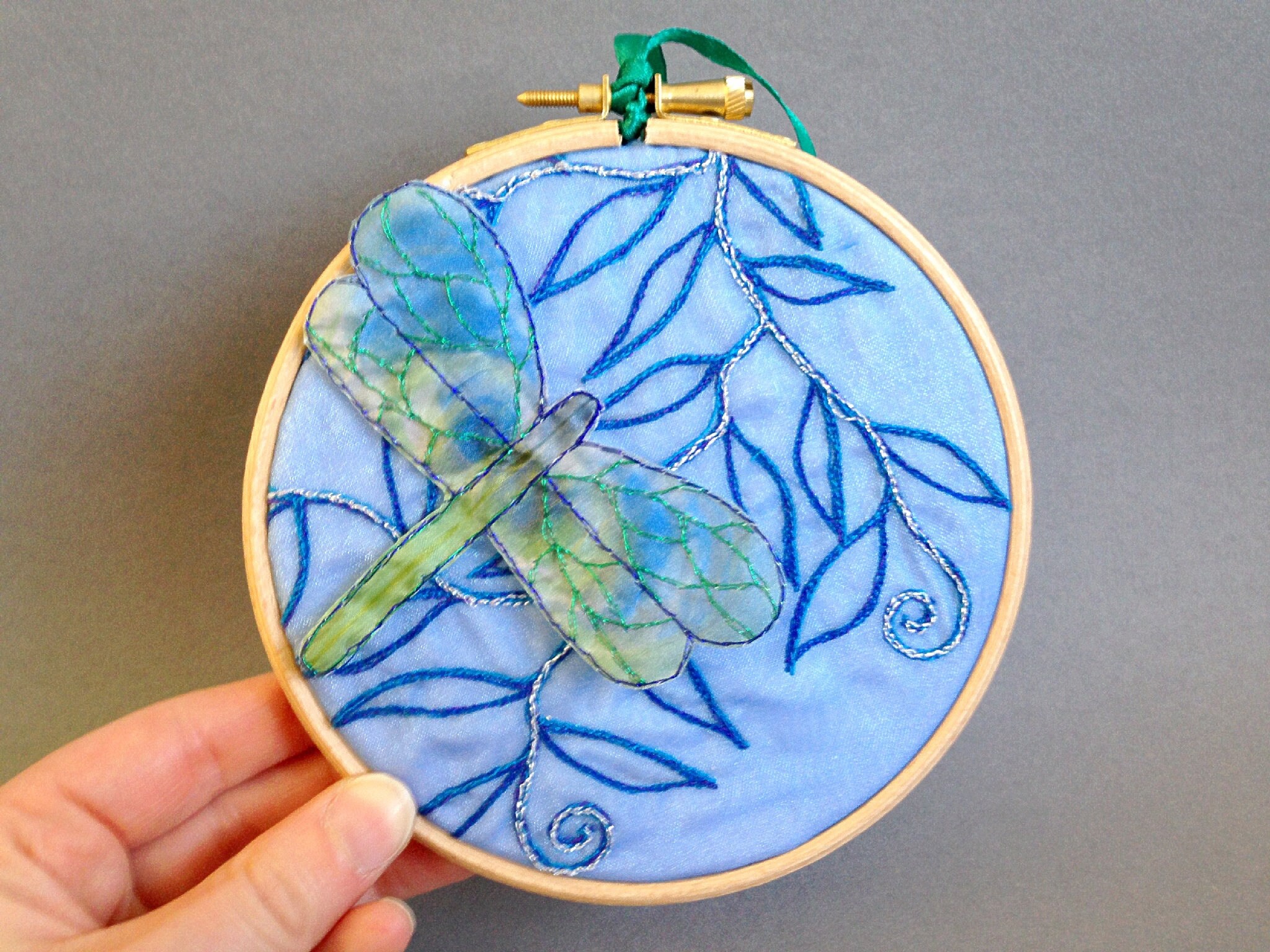 Embroidered dragonfly in a wodden embroidery hoop shabby