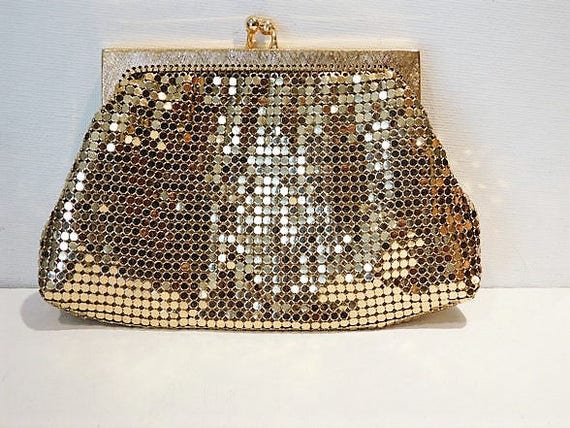 Gold Enamel Mesh Whiting Davis Evening Coin Pouch Purse 1940s Fashion Christmas Wedding Late Art Deco Early Mid Century Coin Handbag Bag