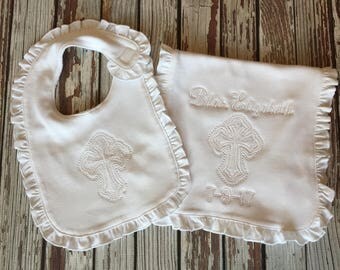 Baptism bib and burp diaper set baptism gift christening gift baptism bib baptism burp cloth
