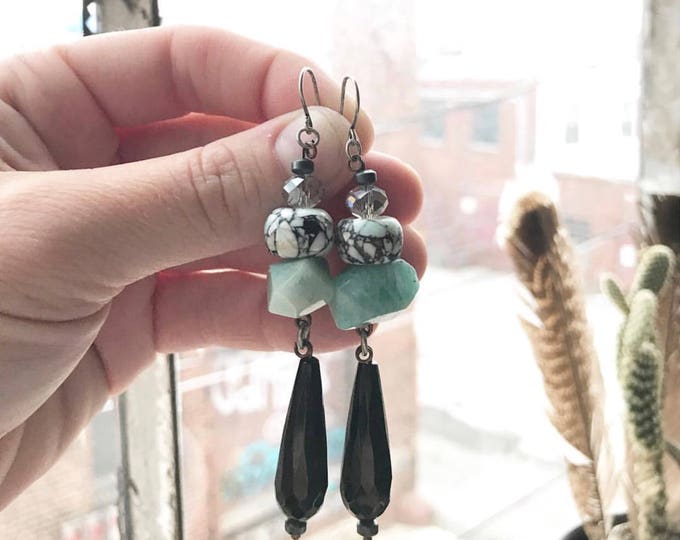 Black and turquoise earrings . Mixed metal earrings. Mosaic turquoise Earrings . Gifts under 50 . Statement Earrings
