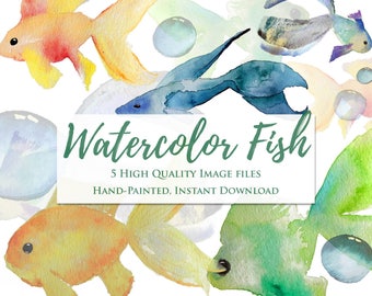 Watercolor Fish & Bubbles Clip Art Set: Hand painted images. Instant download for printable wall art, sticker making, cards or invitation de