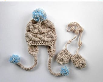 SALE 15% DISCOUNT Knit Baby Boy Hat and Mittens , Baby Boy Hat Photo Prop , Knit Baby Hat and Mittens