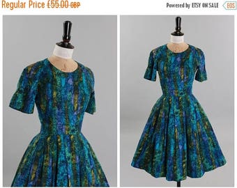 ON SALE Vintage original 1950s 50s vibrant blue and green stripe cotton dress UK 8 Us 4 Xs S