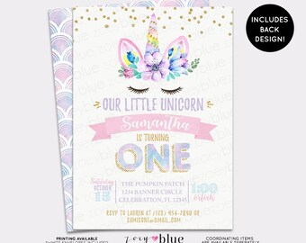 Unicorn Birthday Invitation - Girl Magical Unicorn First Birthday Invite - Whimsical Girl Birthday Invitation- Pink Purple Gold Unicorn Horn