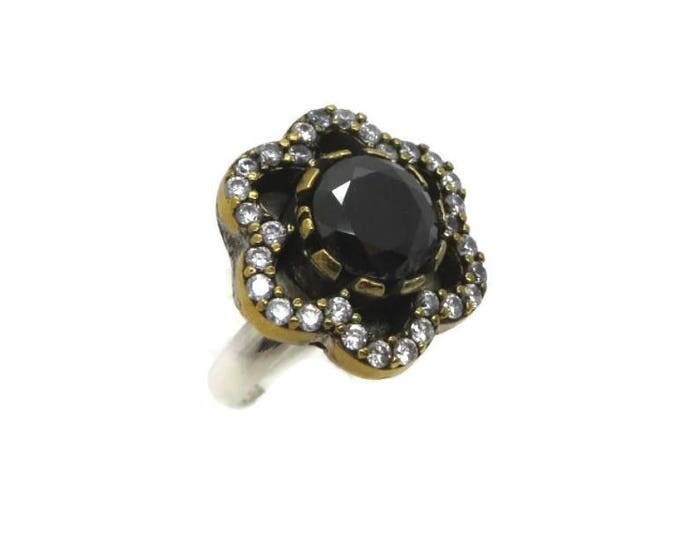 Black Sapphire Silver Ring | Vintage Sterling Silver Sapphire & CZ Ring | Two Tone Silver Anniversary Ring | Size 6