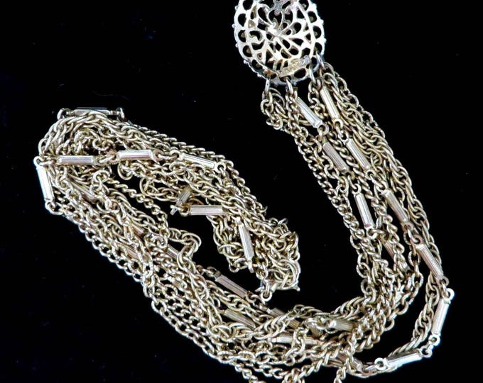 Vintage Kramer Pendant Necklace, Gold Tone Multi Strand Necklace, Chain Link