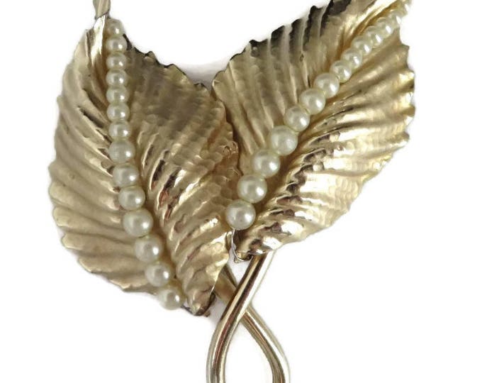 Napier Leaf Brooch, Vintage Faux Pearl Double Leaf Gold Tone Brooch, Signed Napier Jewelry Gift for Her, Gift Box