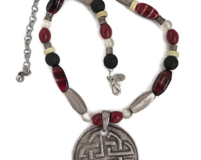 CHICO'S Pendant Necklace, Vintage Chunky Tribal Style, Boho Beaded Silver Tone Pendant Choker Necklace