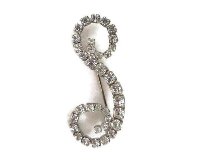 Initial S Rhinestone Brooch, Vintage Letter S Silver Tone Monogram Pin, Gift for Her