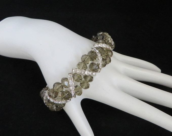 Vintage Smoky Gray Stretch Bracelet, Rhinestone Bracelet, Gray Beaded Bangle
