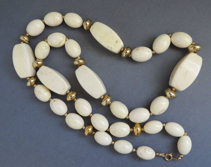 Cream Lucite Necklace, Vintage Chunky Cream & Gold Tone Beaded Necklace, Gift for Her