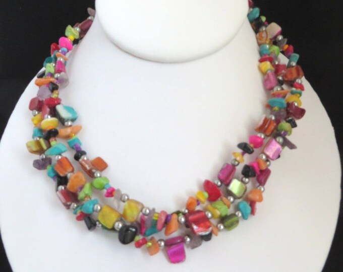 Multicolor Shell Necklace, Vintage Triple Strand Beaded Necklace