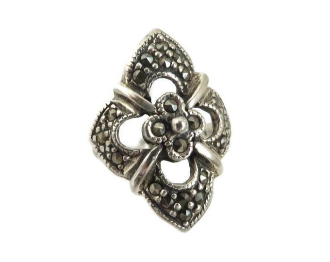 Sterling Silver Marcasite Ring, Vintage Floral Antique Finish Ring, Size 8, Gift idea, Gift Box