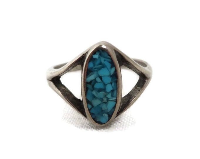 Sterling Silver Turquoise Ring - Vintage Crushed Turquoise Inlay Ring, Size 6, Gift for Her