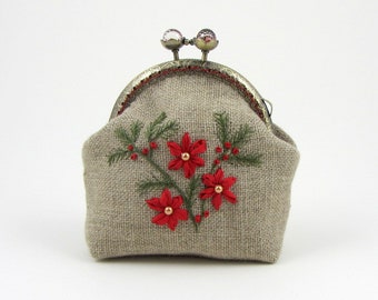 Hand embroidered coin purse small jewelry pouch floral linen