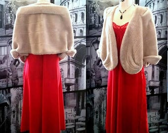 48-HR SALE 70s Champagne Faux Fur Stole - Lustrous Satin Lining - Vintage Wrap - Perfect Fall Fashion Accessory - Size Small