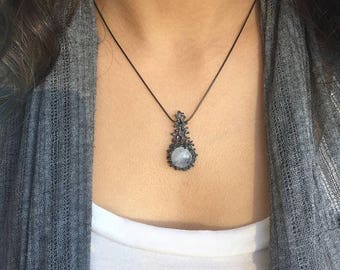 SALE 20% Off - CORAL Rainbow Moonstone Pendant Necklace, Black Silver Moonstone Necklace, Large Moonstone Necklace, Oxidized Silver Necklace