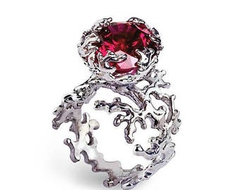 SALE 20% Off - CORAL Ruby Engagement Ring, Statement Ring, Red Ruby Ring, Silver Ruby Engagement Ring, Large Ruby Ring