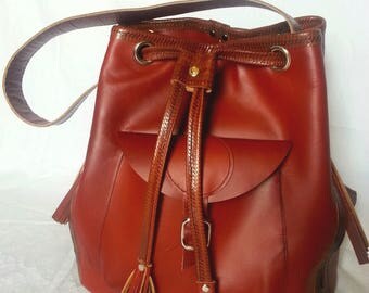 Sale- Leather Tribal Shoulder Bag - Brown Leather Drawstring Bucket Bag - Large - Handmade