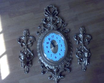 Wall Clock, Burwood, Hollywood Regency, Gold, with sconces, Made in the USA, Working clock, wall decor