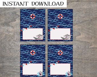 Sharks food tent labels foldable printable and digital file | Shark Ocean Waves Jaws Birthday Party