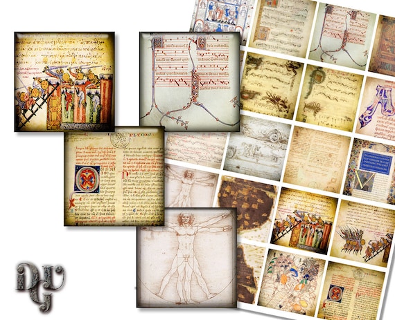 MEDIEVAL BOOK TEXT & Decorations 2x2 16 Printable