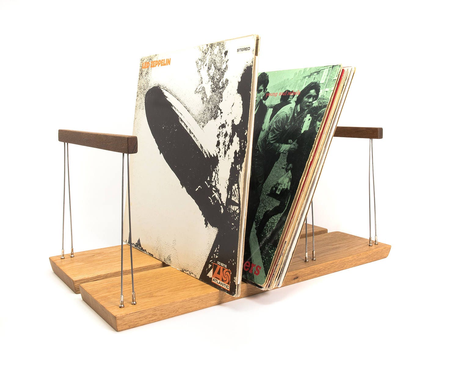 Handmade vinyl record storage rack for 75 LPs in oak