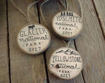 National Park Christmas Ornaments 1.25" Vacation Memory Gift / Yellowstone Yosemite Glacier Smoky Rocky Mountains Grand Canyon Zion Olympic