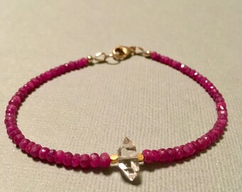 Ruby bracelet/ Ruby and herkimer diamond bracelet, January birthstone bracelet, stacking bracelet