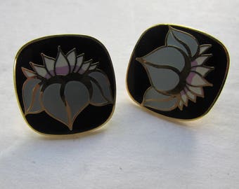 Laurel Burch Earrings HO HWA Design Pierced Earrings Post Style Earrings Blue Gray Petals Black Enamel Vintage Jewelry