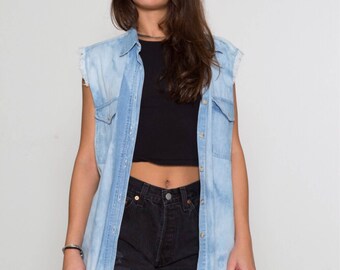 VTG 90's Denim Cut-off sleeve button down Tank