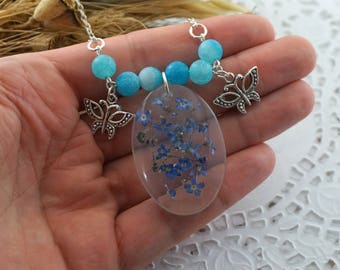 Mother Gift Blue agate necklace Beauty gift Best friend jewelry Real flower necklace Boho necklace Glass flower pendant Birthstone jewelry