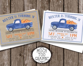 Blue Truck Invitation Pumpkins - Pumpkin Patch Birthday Invitation - Fall Birthday Invitation - 1st Birthday - Little Blue Truck on Burlap