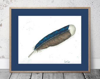 Feather Study Blue, Brown, and White