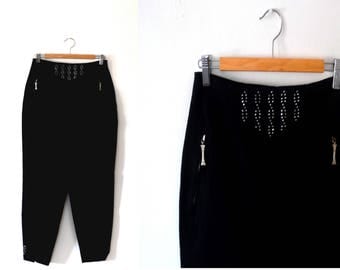 Black trousers / tapered / rhinestone / vintage / 90s trousers / high waisted trousers / womens trousers / zip trousers / tailored trousers