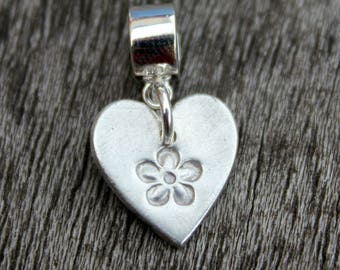 Silver forget me not heart charm, silver flower pandora charm, silver heart charm, mourning jewellery, remembrance jewellery, tiny charm